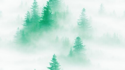 Watercolor background drawn landscape of foggy forest Wild nature, frozen, misty, taiga. generative, AI.