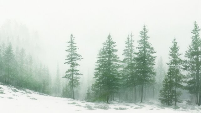 Watercolor background drawn landscape of foggy forest Wild nature, frozen, misty, taiga. generative, AI. © Oleksii