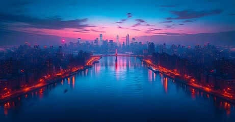 aerial view over the bridge and the hudson river. sunset over the river - obrazy, fototapety, plakaty