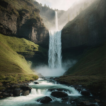 Beautiful Waterfall with sunlight background.