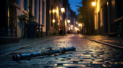 A clarinet lies on an old cobblestone street of a sleeping town with the street lights casting - obrazy, fototapety, plakaty