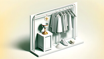 Minimalist Wardrobe with Fashion & Tranquility - 3D Rendered Clothing Rack, Wooden Pedestal, Pristine White Shirts, Casual Sneakers and Decorative Chalice with Book