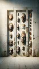 Mysterious Ancient Mask Collection on Stone Wall - Ethnological Artifacts and Cultural History Display in Shadowy Illumination, Concept of Archeological Mysteries and Traditional Craftsmanship