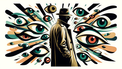 Obraz premium Abstract Surveillance Concept - Mysterious Man in Hat Surrounded by Colorful Watchful Eyes in Field, Symbolizing Privacy Invasion and Secret Observers - Colorful Vector Illustration