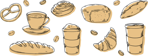 Bakery hadpainted illustrations set banner black and white beige coffee, buns, beans, bread, cappuccino, cup, croissant - obrazy, fototapety, plakaty