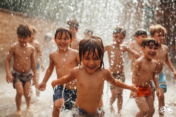 Obraz premium Joyful youngsters frolic in the cool, refreshing water as they splash and play in their swimsuits, their laughter echoing through the serene outdoor setting