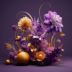 3d purple flowers and gold studio objects pictures blue background