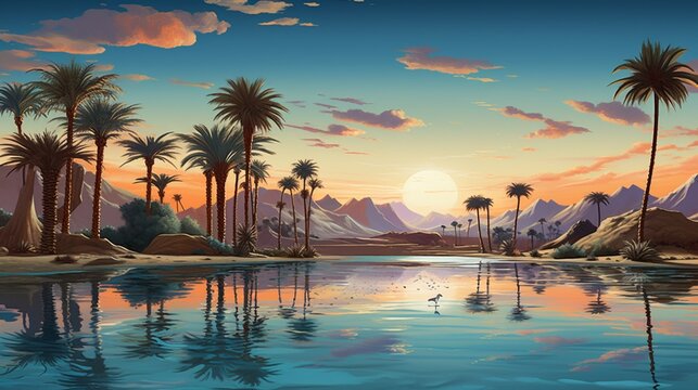 A desert oasis with palm trees, camels, and a shimmering pool of water mirroring the endless sky.