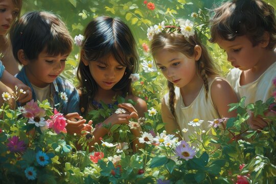 A vibrant group of young children, dressed in colorful summer clothing, playfully explore a lush garden filled with blooming flowers and lush green grass, as a curious toddler boy and girl are captiv