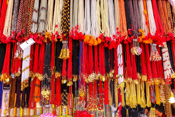 Ayodhya, India. Glass and stone beads on the street market.