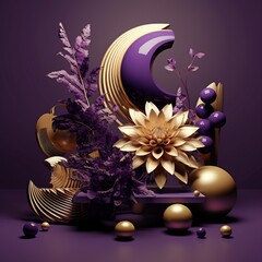 3d purple flowers and gold studio objects pictures