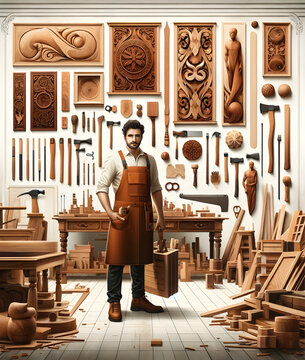 Artisan Woodworker in Cozy Workshop: Master Craftsman with Chisel & Mallet - Concept of Handcrafted Artistry, Authentic Craft & Passionate Workmanship