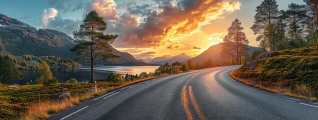 A winding road leads through a majestic landscape of towering trees and rugged mountains, with the sky painted in hues of fiery sunset, inviting us to embark on a journey of exploration and adventure - obrazy, fototapety, plakaty