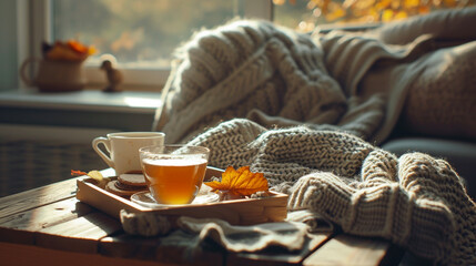 
In the home's living room interior, one can find still life elements, including sweaters and a cup of tea presented on a serving tray atop a coffee table. A morning breakfast. Generative AI - obrazy, fototapety, plakaty
