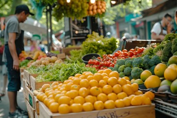A vibrant marketplace filled with an abundance of fresh, locally-sourced fruits and vegetables, displayed by a friendly grocer, invites passersby to embrace a healthy, plant-based lifestyle