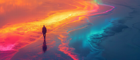 Solitary man walking on an iridescent lake. Surreal illustration, sense of loneliness and solitude. Dreamlike setting.