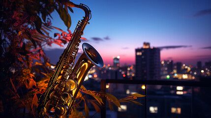 Saxophone in the city on a rooftop garden sparkles overlooking a bustling cityscape at dusk - obrazy, fototapety, plakaty
