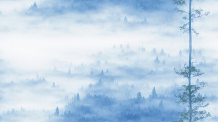 Fototapeta na wymiar Watercolor Blue landscape of foggy forest hill. Evergreen coniferous trees. Wild nature, frozen, misty, taiga. Horizontal watercolor background. generative, AI.