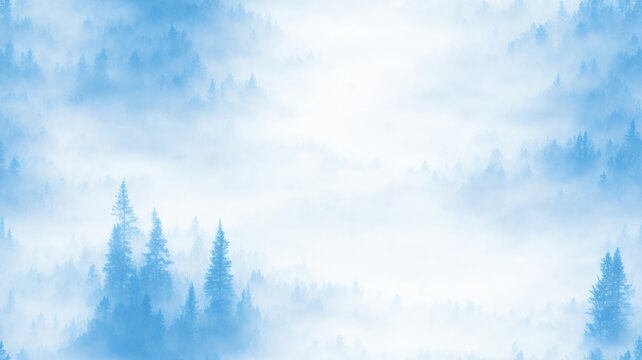 Watercolor Blue landscape of foggy forest hill. Evergreen coniferous trees. Wild nature, frozen, misty, taiga. Horizontal watercolor background. generative, AI.