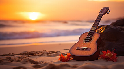 ukulele on the beach rests in the sand, the sunrise casting a golden glow with gentle waves - obrazy, fototapety, plakaty