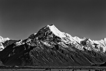 NZ Mt Cook Peak Over Plains BW - obrazy, fototapety, plakaty