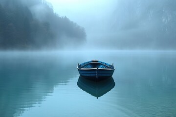 A Boat Drifts Through the Misty Waters. State of mind. AI generated image - obrazy, fototapety, plakaty