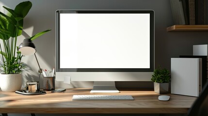 A modern home workspace with a white-screen PC computer mockup on a hardwood desk. 