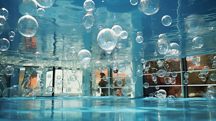 Fototapeta na wymiar bubbles underwater in the public swimming pool