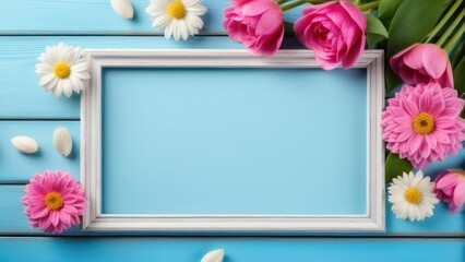 Spring background, flowers frame on  wooden table. Banner mockup for Womans or Mothers Day, Easter, spring holidays. Flat lay, above view, generative, AI.