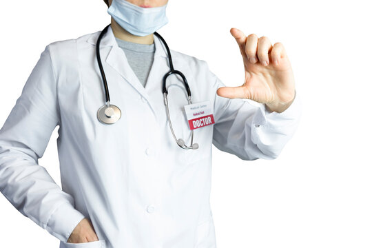 Female doctor in a lab coat on a white background holds an invisible tablet with her fingers. Medical Photography with Space for Copy, Text and Advertisement, Treatment, Hospital