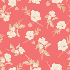 An Orange Background Shows off Peach Blossoms with Leaves and Branches in Peachy Colors Creating a Vector Repeat Seamless Pattern Design