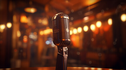A carbon microphone with dim lighting and blurred vintage decor, 3D rendered - obrazy, fototapety, plakaty