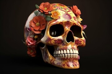 Decorated skull with flowers, symbolizes Day of the Dead. 3D illustration. Generative AI