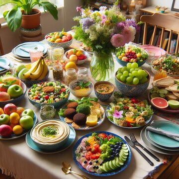 Illustration of a table full of vegan and vegetarian healthy dishes