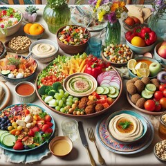 Fototapeta na wymiar Table full of vegan dishes