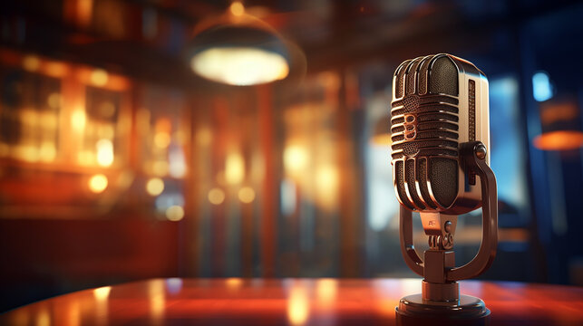 A carbon microphone in a vintage radio station with dim lighting blurred vintage decor, 3D rendered