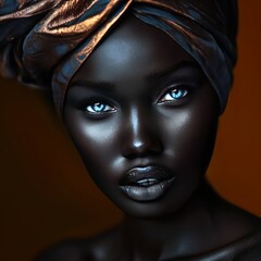 Fototapeta na wymiar Black skin woman, hair with beautiful african turban, blue eyes, style raw, black background