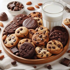 Chocolate chip cookies on a plate with and a glass of milk