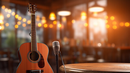 A contact microphone on acoustic guitar in a cozy cafe, with blurred lights background, 3D rendering - obrazy, fototapety, plakaty