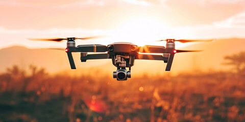 Black drone flying at sunset in the middle of the field