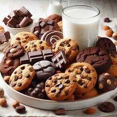Chocolate chip cookies and pieces of chocolate on a plate with and a glass of milk