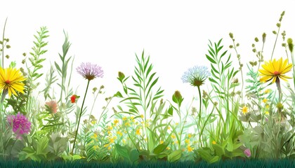 border of spring grass and flowers, with white background