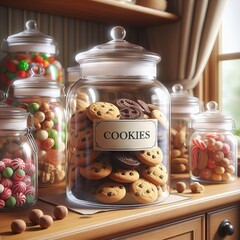 Jar of cookies on a shelf with other sweet products