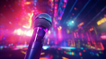 A dynamic microphone in an underground music venue, with vibrant laser lights, 3D rendered - obrazy, fototapety, plakaty