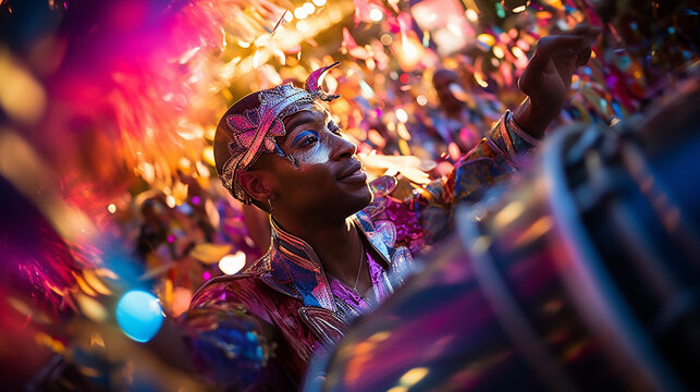 Steelpan in the carnival amidst the feathers and sequins of the carnival, a steelpan catches lights