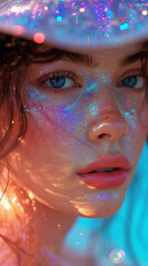 Beauty, cosmetics and makeup. Magic eyes look with bright creative make-up. Macro shot of beautiful woman's face with perfect art make up with glitter. AI Generative