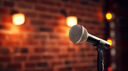 A handheld wireless microphone on a stand-up comedy stage, with a brick wall. 3D rendered - obrazy, fototapety, plakaty