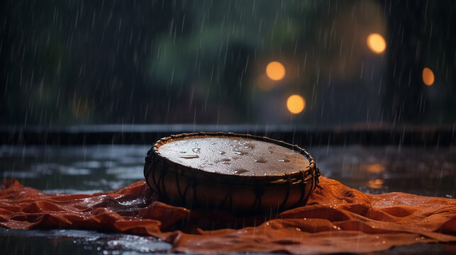 Tabla in the monsoon as the monsoon renews the earth with a curtain of shimmering bokeh around it