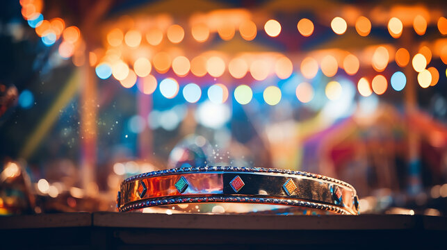 Fototapeta a lone tambourine lies forgotten, the scattered lights of the fairground creating a bokeh effect