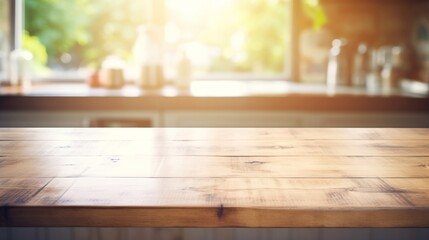 Rustic wooden worktop, blurred low contrast kitchen in background, sunshine rays  - obrazy, fototapety, plakaty
